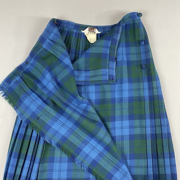Al Jean Canada Pure Wool Tartan Wrap Kilt Skirt Vintage Size 8 Lite Blue Green - Picture 11 of 16